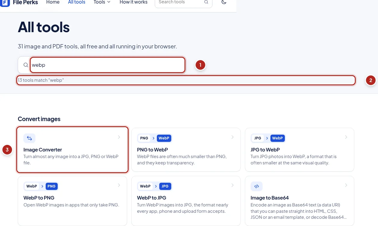 Screenshot: Find the right tool. Numbered markers point to: Search by format or task; Matching tools; Open a tool.