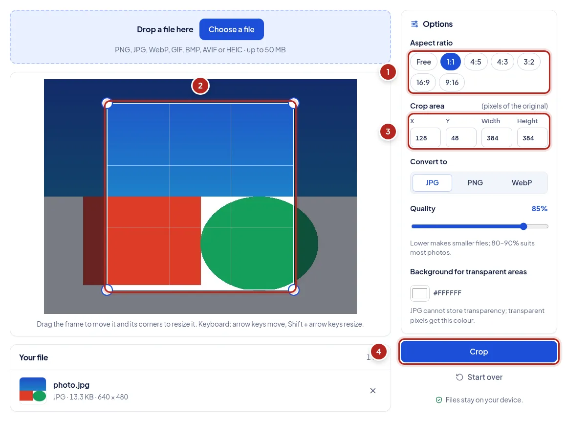 Screenshot: Crop an image. Numbered markers point to: Choose a ratio; The crop frame: drag to move, corners to resize; Exact position and size in pixels; Crop.