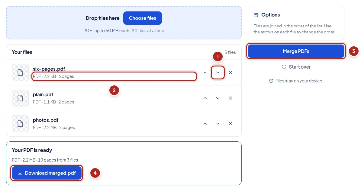 Screenshot: Merge PDFs into one. Numbered markers point to: Move a file earlier or later; Pages in each file; Merge; Download the merged PDF.