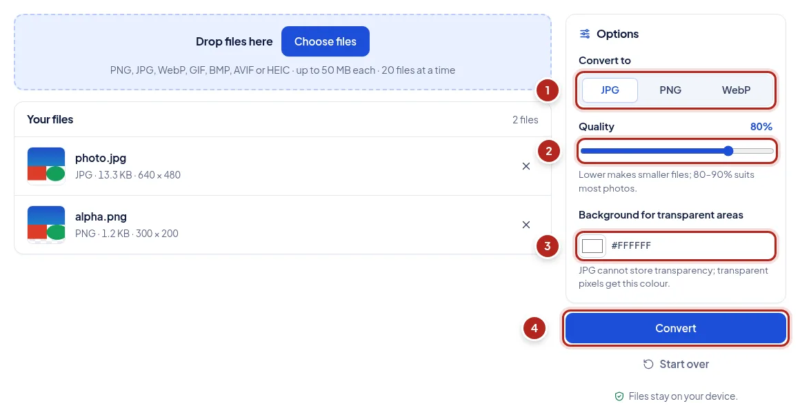 Screenshot: Set the options. Numbered markers point to: Output format; Quality; Background for transparent areas; Start converting.