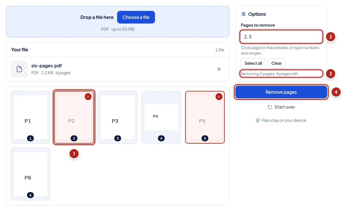 Screenshot: Choose pages: remove, extract or split. Numbered markers point to: A chosen page; The same pages as numbers; What the new file will have; Save the new PDF.