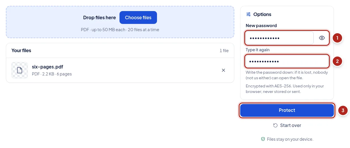 Screenshot: Protect a PDF with a password. Numbered markers point to: The new password; Type it again; Protect, then download.