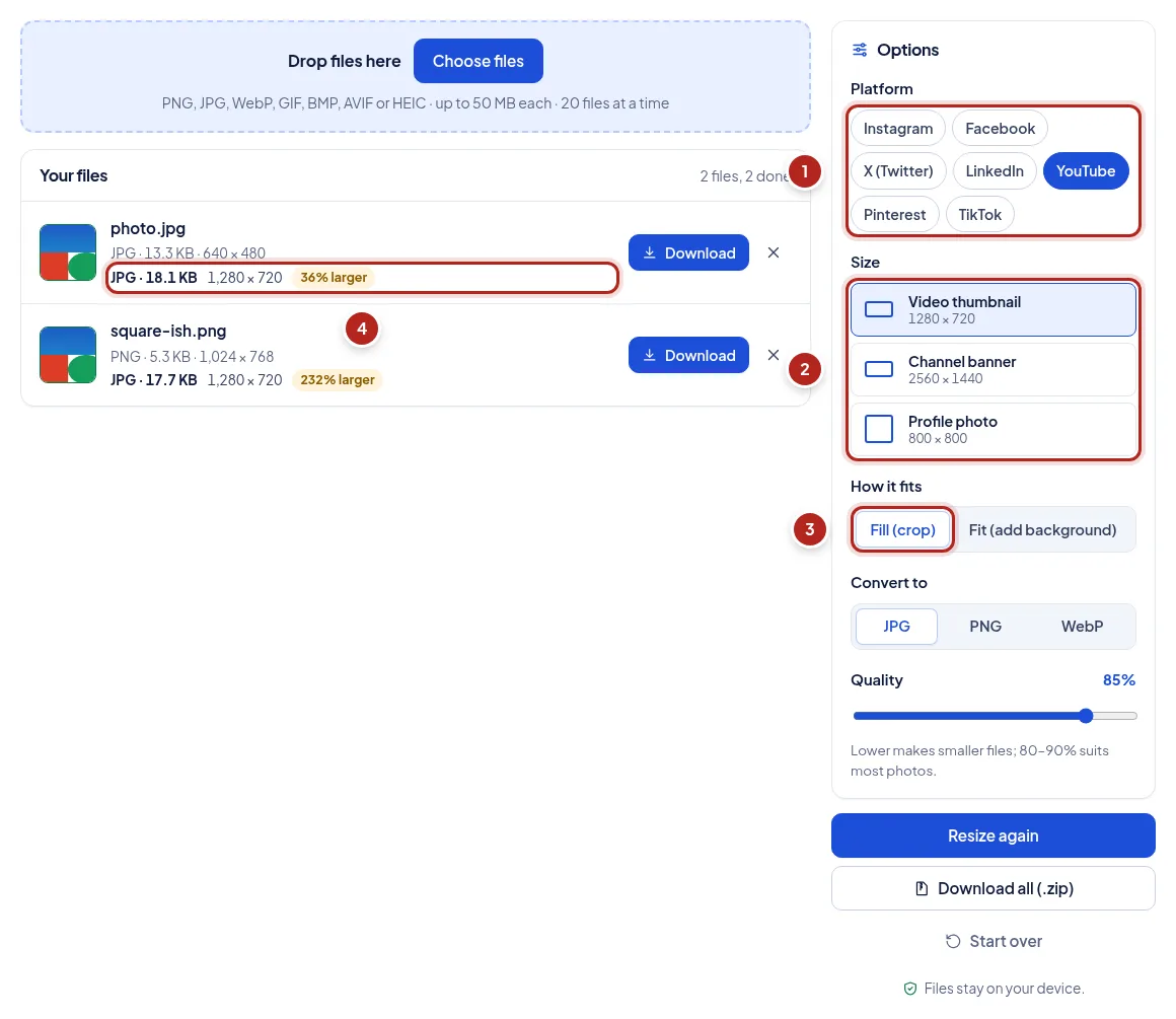Screenshot: Resize for social media. Numbered markers point to: Choose the platform; Choose the size; Fill or fit; The result at the exact size.