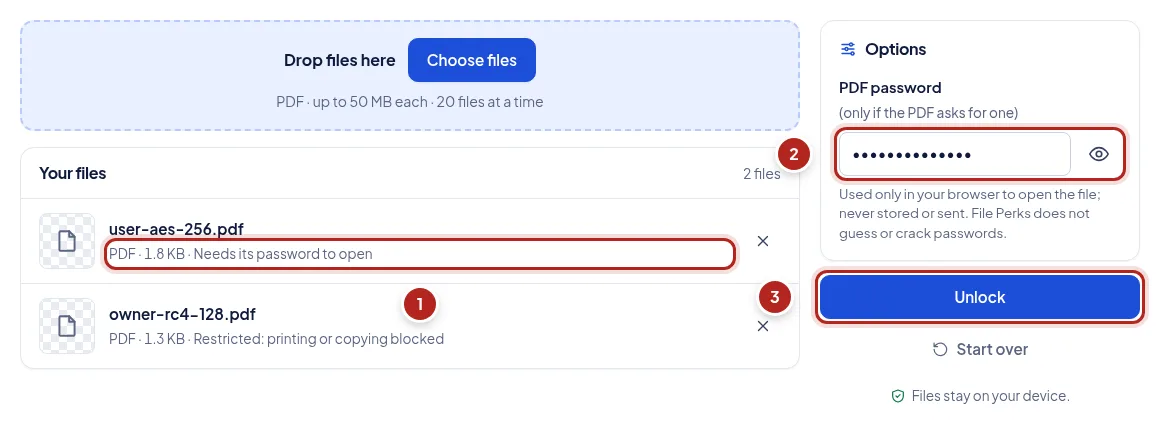 Screenshot: Unlock a PDF. Numbered markers point to: What each PDF needs; The password, used only on your device; Unlock, then download each copy.